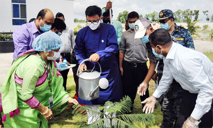 State Minister for Shipping Khalid Mahmud Chowdhury MP plants a tree at Paira Port in Kolapara upazila of Patuakhali distict on Sunday.