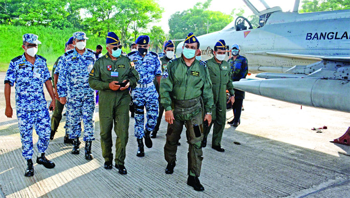 Chief of Air Staff Air Chief Marshal Masihuzzaman Serniabat inspects Air Defence Exercise 'ADEX-2020-1' at BAF Base Zahurul Haque in Chattogram on Monday.