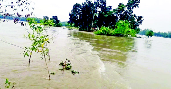 A vast areas of Kalihati and Basail upazilas of Tangail District go under floodwater following collapse of an embankment at the area on Wednesday.