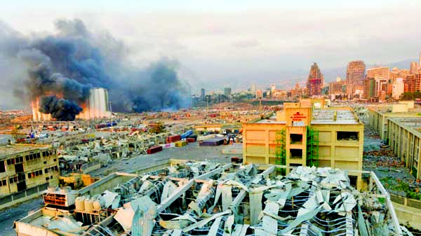 A view of the harbour area in Beirut following the massive explosion on Tuesday afternoon.