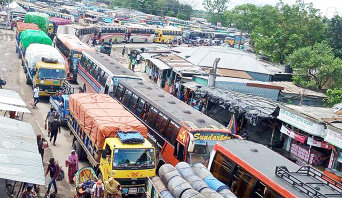 A large number of vehicles get stuck at Doulatdia ferryghat. The snap was taken on Friday.
