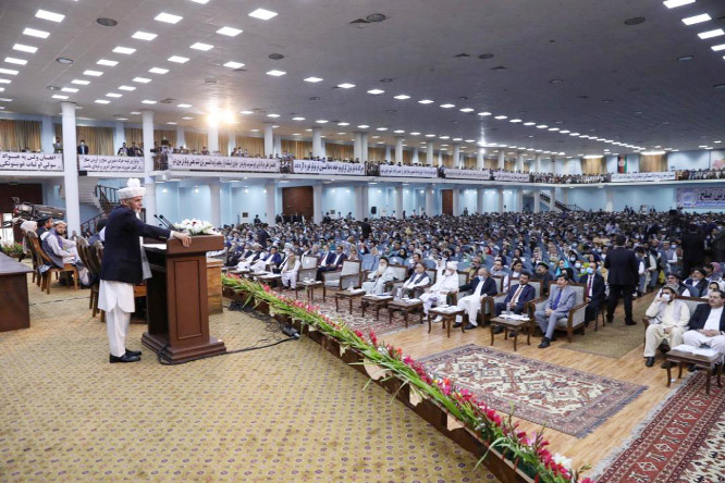 Afghanistan's President Ashraf Ghani speaks during a consultative grand assembly, known as Loya Jirga, in Kabul on Friday.
