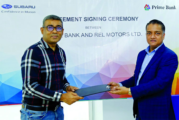 ANM Mahfuz, Head of Consumer Banking Division of Prime Bank Limited and Ahmed Saadat Momen, Director of REL Motors Limited, exchanging an agreement signing document at REL Motors corporate office in the city recently. Under the deal, both the company will