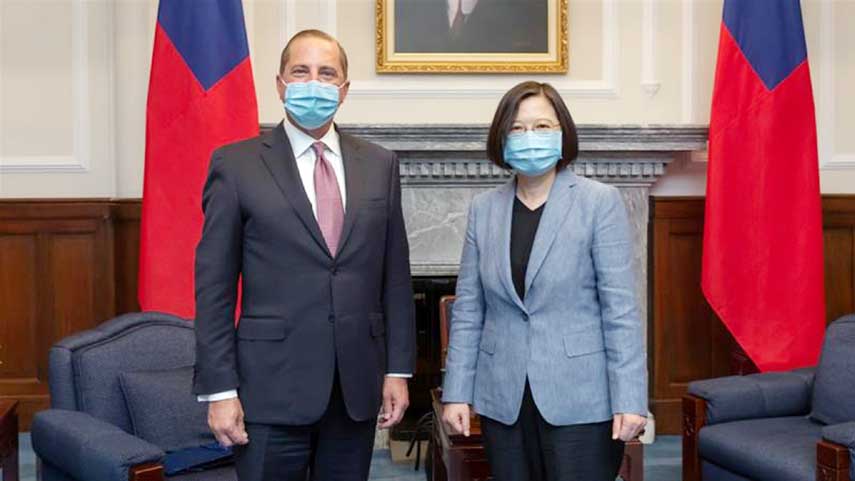 US Secretary of Health and Human Services Alex Azar and Taiwan President Tsai Ing-wen pose for photos during their meeting at the presidential office in Taipei.