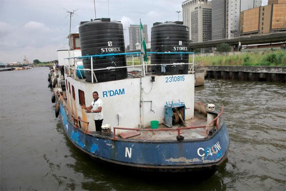 A ship loaded with refined fuel is anchored after it was seized from suspected pirates at a defence jetty in Lagos.
