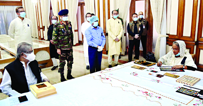 Prime Minister Sheikh Hasina releases commemorative postal stamp at Ganabhaban on Friday on the occasion of National Mourning Day and 45th martyrdom anniversary of Father of the Nation Bangabandhu Sheikh Mujibur Rahman.