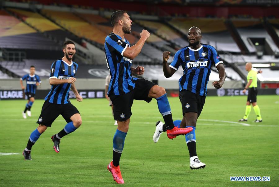 Lautaro Martinez (front) of Inter Milan celebrates after scoring during the UEFA Europa League semifinal between Shakhtar Donetsk and FC Inter in Dusseldorf, Germany on Monday.