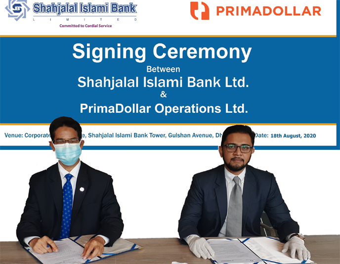 M. Akhter Hossain, DMD & Chief Operating Officer (COO) of Shahjalal Islami Bank Limited and Munawar Uddin, Country-Lead, Bangladesh Liaison Office of PrimaDollar Operations Limited (a UK-based trade finance provider), signing a MoU on behalf of their own