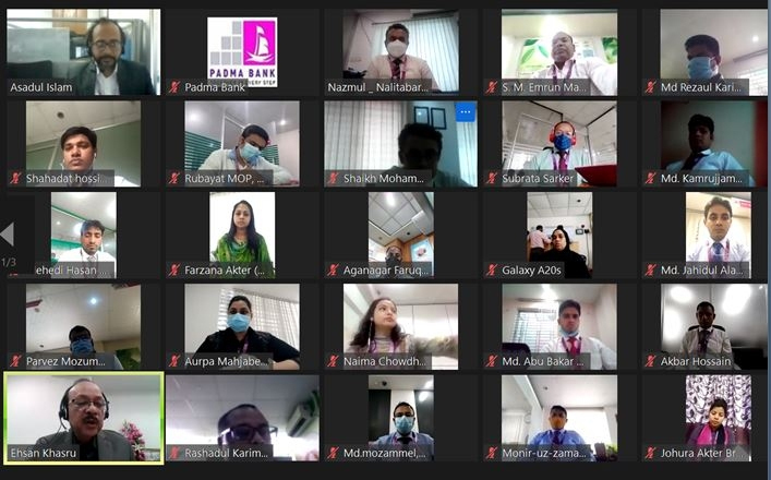 Md. Ehsan Khasru, Managing Director and CEO of Padma Bank Limited, presiding over its "Training on Gender Equality" held recently through zoom app. ASM Asadul Isla, Principal of training institute, Rashadul Karim, Head of Banking Operations Division of