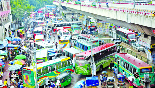 Transport disorder at Gulistan under the Hanif Fly-over in the city. There is no respect for law and discipline on the road and even no effort of police to execute traffic rules. This photo was taken on Thursday.