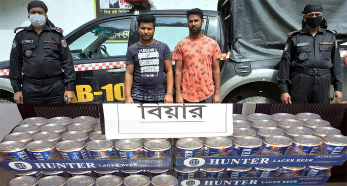 RAB-10 detains two drug peddlers with 120 can of beer conducting raid in the city's Jatrabari area on Friday.