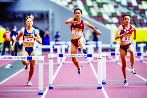(From left) Haruka Shibata, Kana Loyama and Moeka Sekimoto competing in the 400m hurdles event during the Golden Grand Prix 2020 in Tokyo on Sunday.