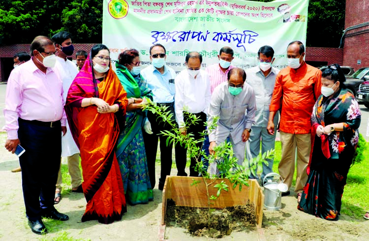 Jatiya Party Chairman and Deputy Leader of the Opposition in the Parliament Golam Mohammad Kader plants sapling on the premises of Jatiya Sangsad Bhaban on Monday marking 'Mujib Year'.