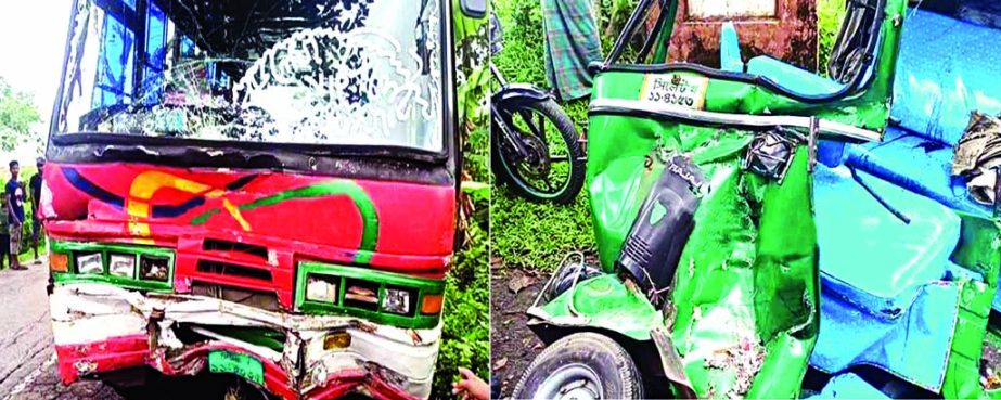 Wreckage of two vehicles after a head-on-collision between a CNG-run three wheeler and a bus on Sylhet-Jakiganj Road at Chowghari Bazar under Golapganj PS in Sylhet on Saturday.