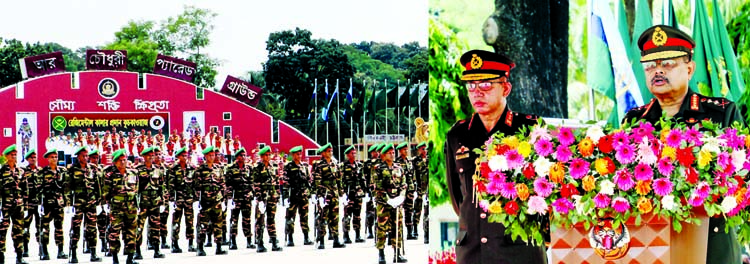 Army Chief General Aziz Ahmed addressing the Regimental Colour distribution ceremony at 24 Infantry Division in Chattogram Cantonment on Wednesday. ISPR photo