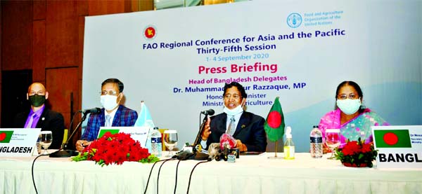 Agriculture Minister Dr. Abdur Razzaque addresses a press conference on the 35th Session of FAO Regional Conference for Asia and the Pacific at Hotel Intercontinental in the city on Friday.