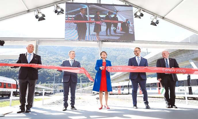 Swiss President Simonetta Sommaruga (third from left) and Foreign Minister Ignazio Cassis (second from left) attend the inauguration ceremony of the railway tunnel in Camorino, Switzerland on Friday.