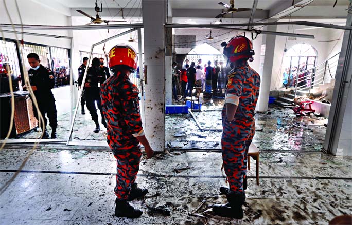 Investigators inspect inside the mosque in Narayanganj on Saturday following gas explosion.