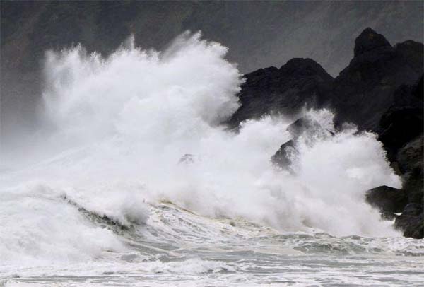 High waves triggered by Typhoon Haishen crash against the coast of Amami Oshima island, Kagoshima prefecture, Japan on Saturday.