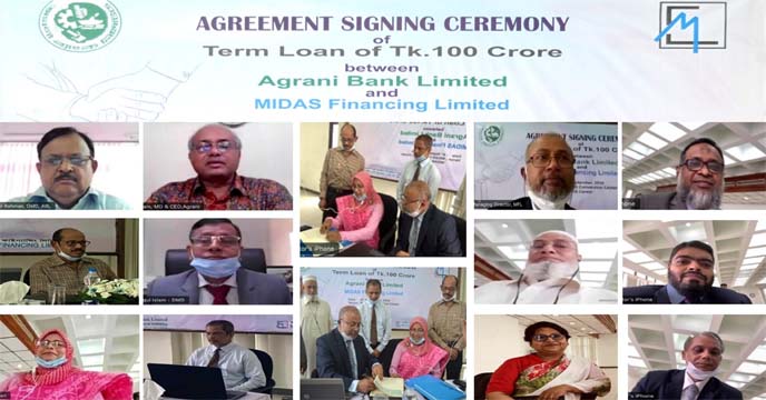 Mohammad Shams-Ul Islam, Managing Director And CEO of Agrani Bank Limited and Mustafizur Rahman, Managing Director of MIDAS Financing Limited, signing a Term Loan of Tk 100 crore on Sunday through virtulay. Senior officials from both the sides were also