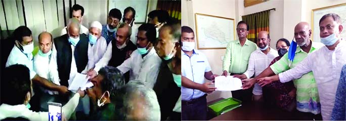 AL candidate Nuruzzaman Biswas and BNP candidate Habibur Rahman Habib submit nomination papers for the by-polls to Pabna 4 Constituency at the Upazia Election Office on Monday.