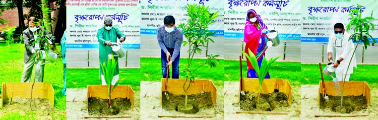 Members of the Parliament plant saplings on the premises of Jatiya Sangsad (JS) Bhaban on Tuesday marking Mujib Year. JS photo