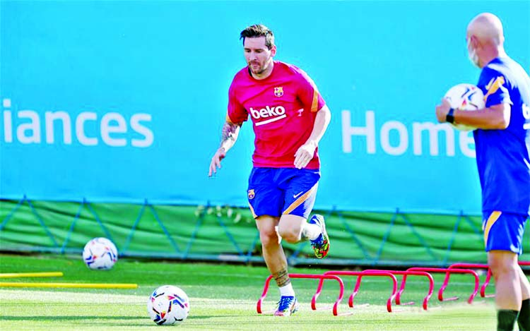 Lionel Messi attends a training session in Barcelona, Spain on Monday. About two weeks after he told the club he intends to leave this summer.