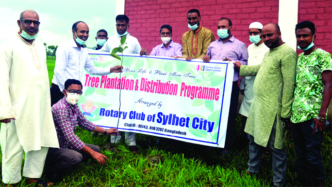 Lalabazar Union Parishad Chairman Peer Faizul Haque Iqbal, inaugurates tree plantation programme organized by Rotary Club of Sylhet on Saturday.