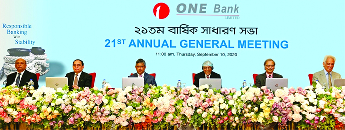 Asoke Das Gupta, Vice Chairman, Board of Directors of ONE Bank Limited, presiding over its 21st AGM held through digital platform on Thursday. The AGM approved 10 per cent dividend (5 per cent cash and 5 per cent stock for its shareholders.