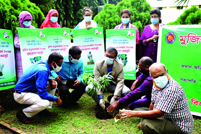 Forests and Environment Affairs Secretary of Bangladesh Awami League Delwar Hossain plants a sapling marking the birth centenary of the Father of the Nation Bangabandhu Sheikh Mujibur Rahman at BCSIR Dhaka Campus on Sunday.