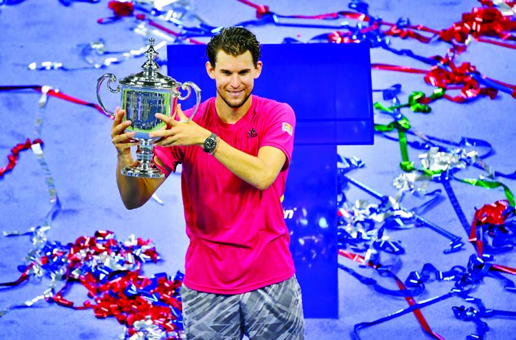 Dominic Thiem of Austria celebrates his win over Alexander Zverev of Germany in the men's singles final match on day 14 of the 2020 US Open tennis tournament at USTA Billie Jean King National Tennis Center on Sunday.