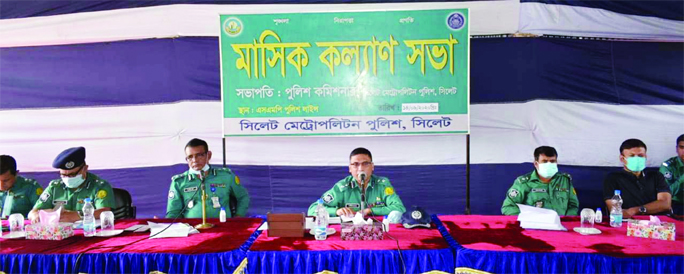 Additional Police Commissioner of Sylhet Paritosh Ghosh speaks at the monthly welfare meeting of Sylhet Metropolitan Police held at the SMP Police Line on Monday.