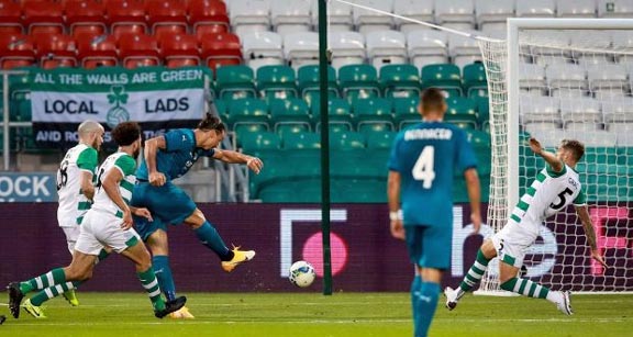 AC Milan's Zlatan Ibrahimovic (third from left) opens the scoring against Shamrock Rovers in the Europa League second qualifying round soccer match at Tallaght Stadium in Dublin on Thursday.