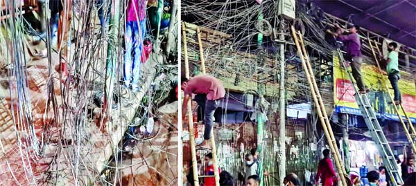 Workers of Dhaka South City Corporation disconnect illegal overhead internet cables. On the other hand, workers of internet service reconnect them after 3-4 hours. This photo was taken from R. K. Mission Road in the capital on Monday.