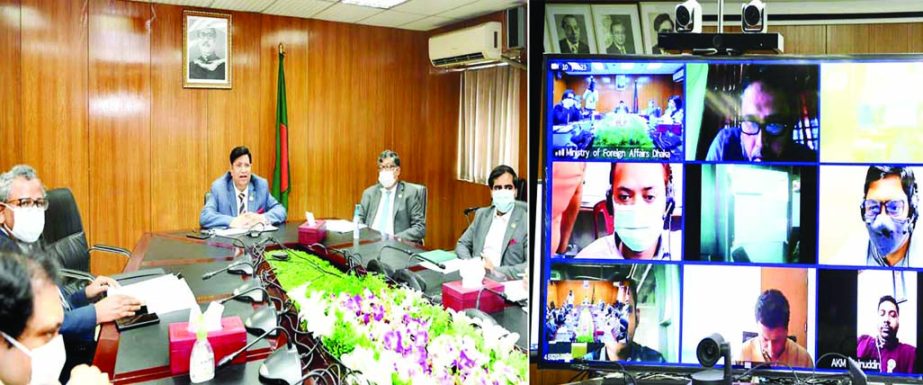 Foreign Minister Dr. AK Abdul Momen speaks at a virtual meeting about Bangladesh's joining in the 75th UNGA Session at the conference room of his Ministry on Monday.