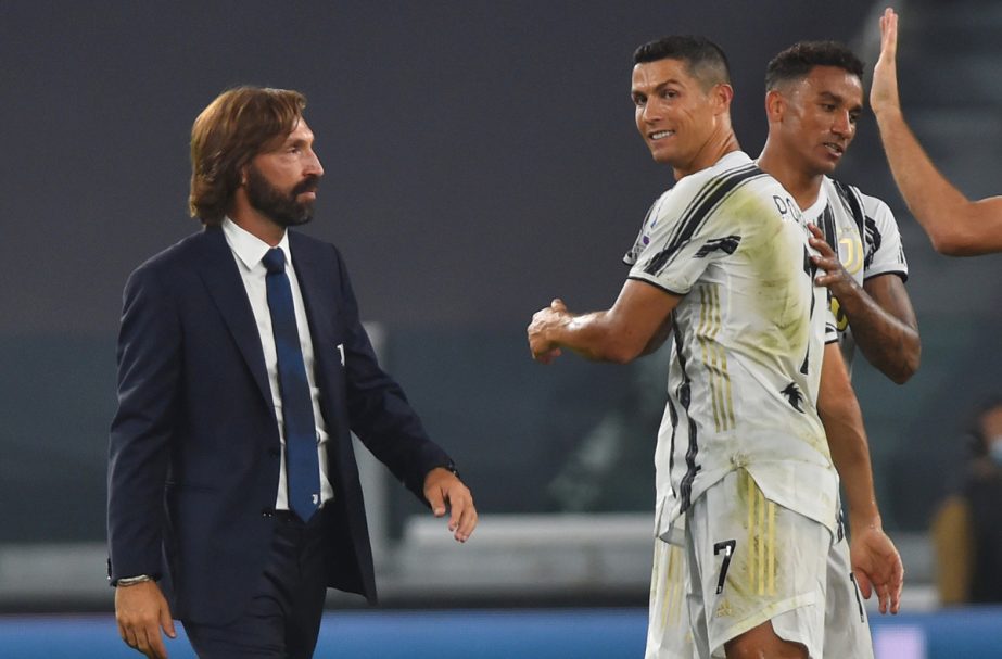 Juventus' Cristiano Ronaldo(center), Danilo (right) and Juventus coach Andrea Pirlo (left) celebrate after the Serie A match against Sampdorim at Allianz Stadium, Turin, Italy on Sunday.