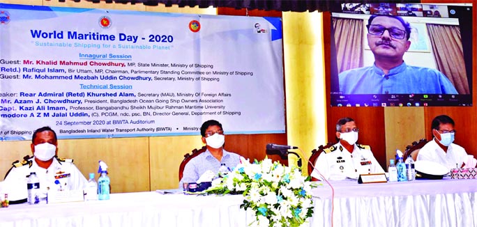 State Minister for Shipping Khalid Mahmud Chowdhury participates on online as the chief guest at a discussion marking World Maritime Day organised jointly by Shipping Directorate and BIWTA in the city's Motijheel BIWTA Bhaban on Thursday. Shipping Secret