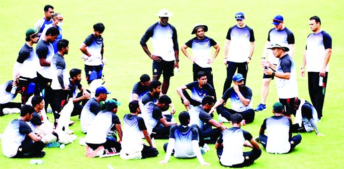 Head Coach of Bangladesh Cricket team Russell Domingo giving tips to the members of Bangladesh Cricket team at the Sher-e-Bangla National Cricket Stadium in the city's Mirpur on Saturday.