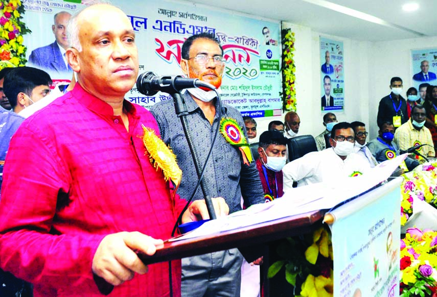 Chairman of Jatiya Ganotantrik Andolon Khokon Chowdhury speaks at the biennial conference of Trinamul NDM at the Jatiya Press Club on Saturday.