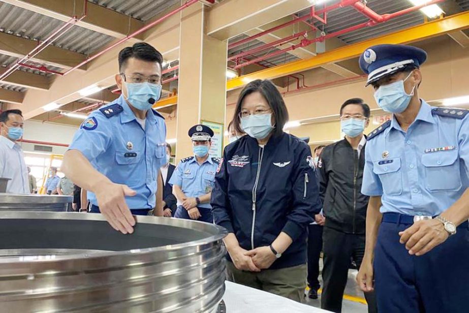 Taiwan's President Tsai Ing-wen visits an Air Force maintenance centre at the Gangshan air base in Kaohsiung, Taiwan on Saturday.