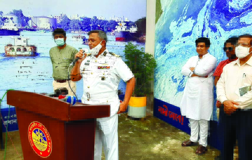 BIWTA Chairman Commodore Golam Sadeq speaks as Chief Guest at a photo exhibition on 100 rivers at Sadarghat Terminal on Sunday.