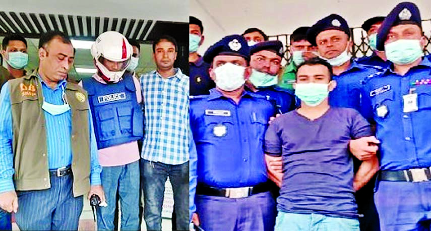 Police produce Saifur Rahman and Arjun Laskar, two accused of gang raping a woman inside a hostel of MC College in Sylhet on Friday night, before media following their arrest from neighbouring districts-- Sunamganj and Habiganj yesterday.