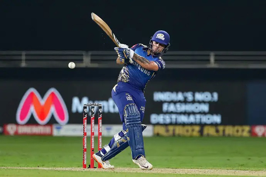 Ishan Kishan of Mumbai Indians plays a shot against Royal Challengers Bangalore during the Indian Premier League match in UAE on Monday. Kishan hit a superb 99.