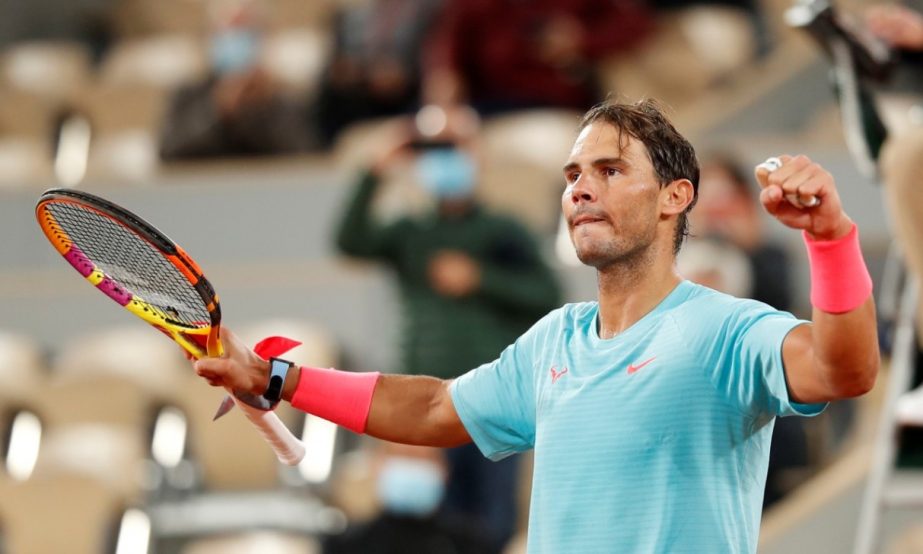 Rafael Nadal celebrates winning his third round match of the French Open against Italy's Stefano Travaglia in Paris on Friday.