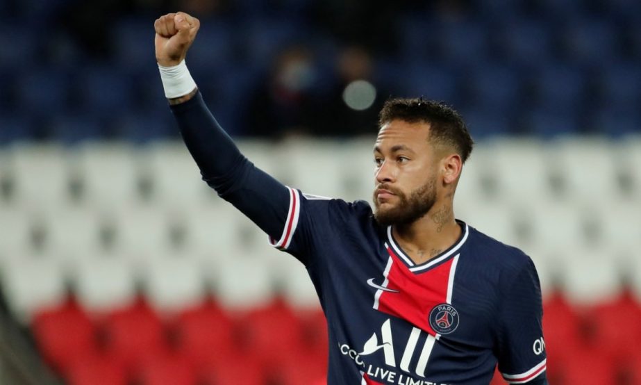 Paris St Germain superstar Neymar celebrates scoring their second goal in their Ligue 1 match against Angers at the Parc des Princes in Paris on Friday.