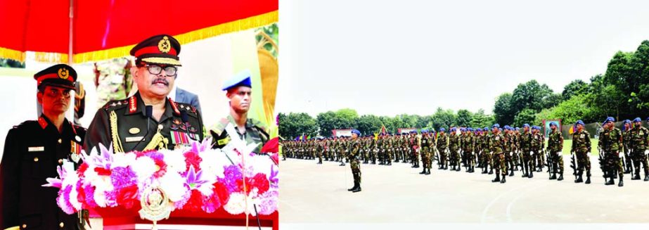 Chief of Army Staff General Aziz Ahmed speaks at the Regimental Colour Awarding ceremony at 33 Infantry Division on Wednesday. ISPR photo