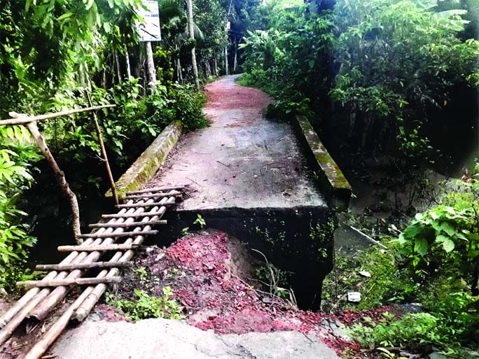 The roadbed around the culvert at Ward-9 Dhanaigram of Kanesher Union in Damuddya upzaila in Shariatpur has severely damaged by recent flood causing huge inconvenience to the people.
