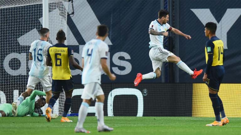 Lionel Messi (second from right) celebrates after scoring a penalty against Ecuador during Argentina's 2022 FIFA World Cup South American qualifier football match at La Bombonera stadium in Buenos Aires on Thursday.