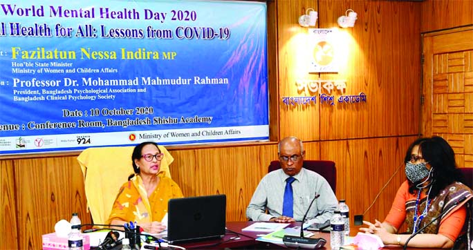 State Minister for Women and Children Affairs Fazilatun Nesa Indira speaks at a discussion on 'Mental Health for All: Lesson from Covid-19' at Bangladesh Shishu Adademy in the city on Saturday marking World Mental Health Day.