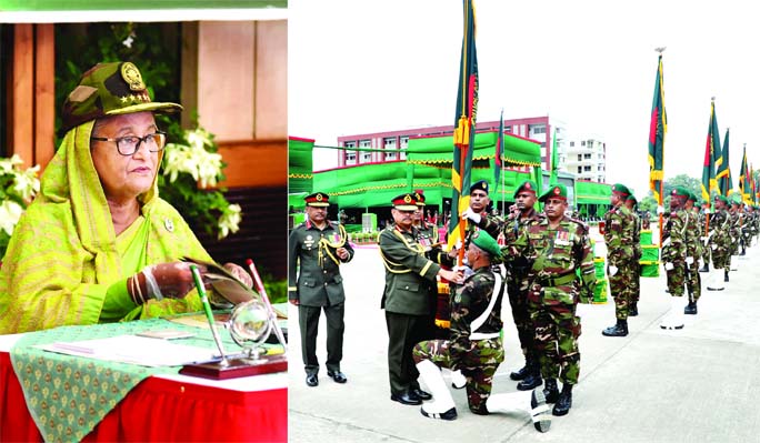 Chief of Army Staff General Aziz Ahmed on behalf of the Prime Minister Sheikh Hasina, hands over the national standard to ten units and organisations of Bangladesh Army on Savar Cantonment premises on Sunday. Prime Minister witnesses the programme through